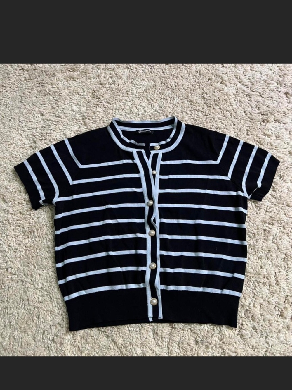 Striped Black & White Short Sleeve Cardigan With Pearl Buttons | L